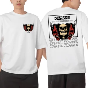 CoolCage Premium Cotton White Oversized Demon Skull T-shirt