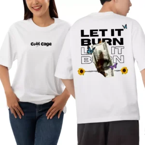 CoolCage Premium Cotton White Oversized Let It Burn T-shirt