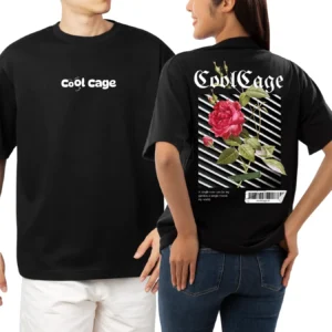 CoolCage Premium Cotton Black Oversized Vintage Rose T-shirt