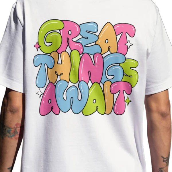 Coolcage Great Things await unisex Oversized Tshirt (6) Coolcage Great Things Await Unisex Oversized White Tshirt